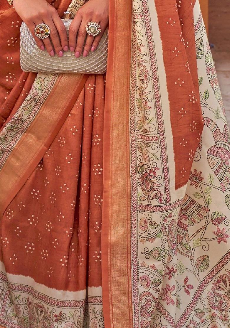 Orange Digital Print Silk Sarees