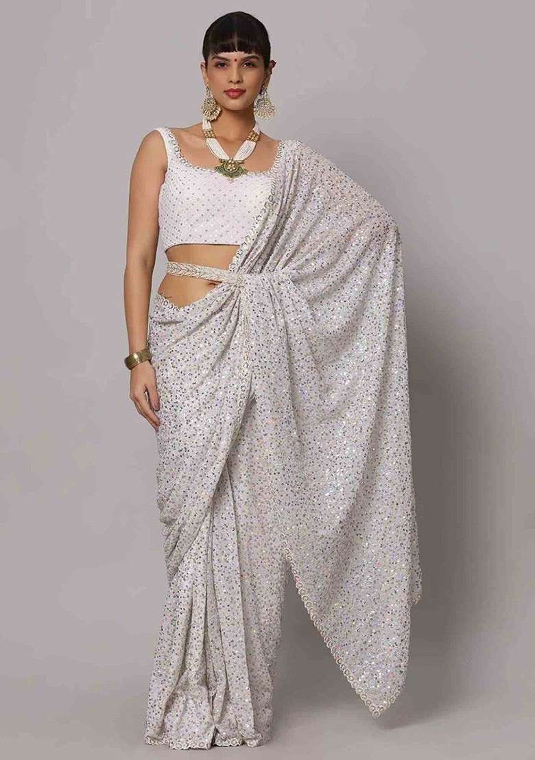 White Sequin Embroidered Georgette Sarees for Diwali | Wedding & Festive Wear - Indya