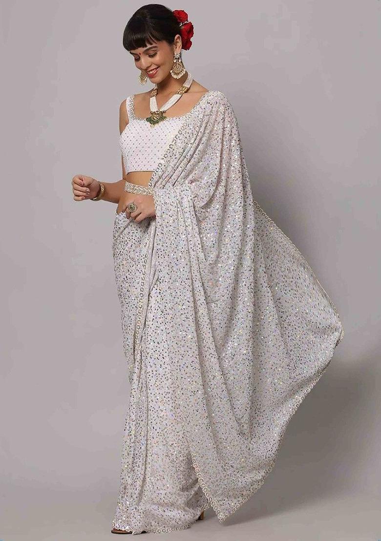White Sequin Embroidered Georgette Sarees