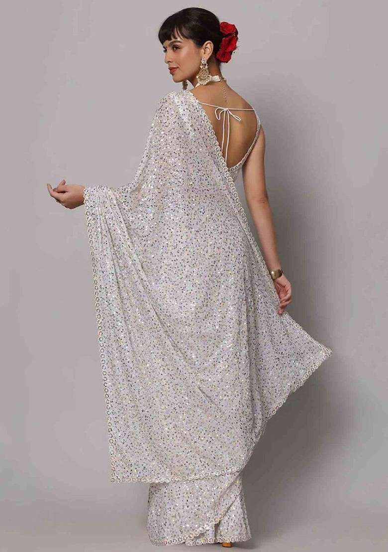White Sequin Embroidered Georgette Sarees for Diwali | Wedding & Festive Wear - Indya