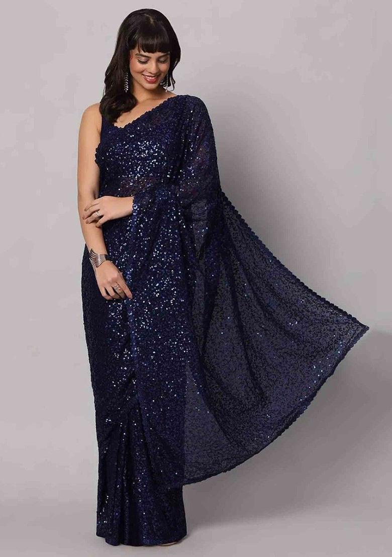 Navy Blue Sequin Embroidered Georgette Sarees