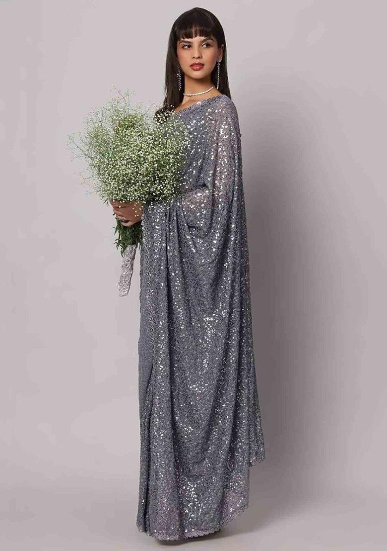 Grey Sequin Embroidered Georgette Sarees