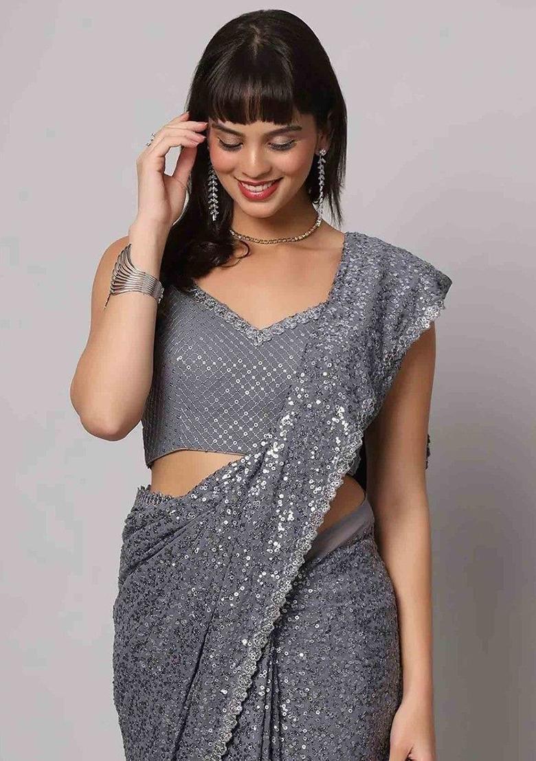 Grey Sequin Embroidered Georgette Sarees