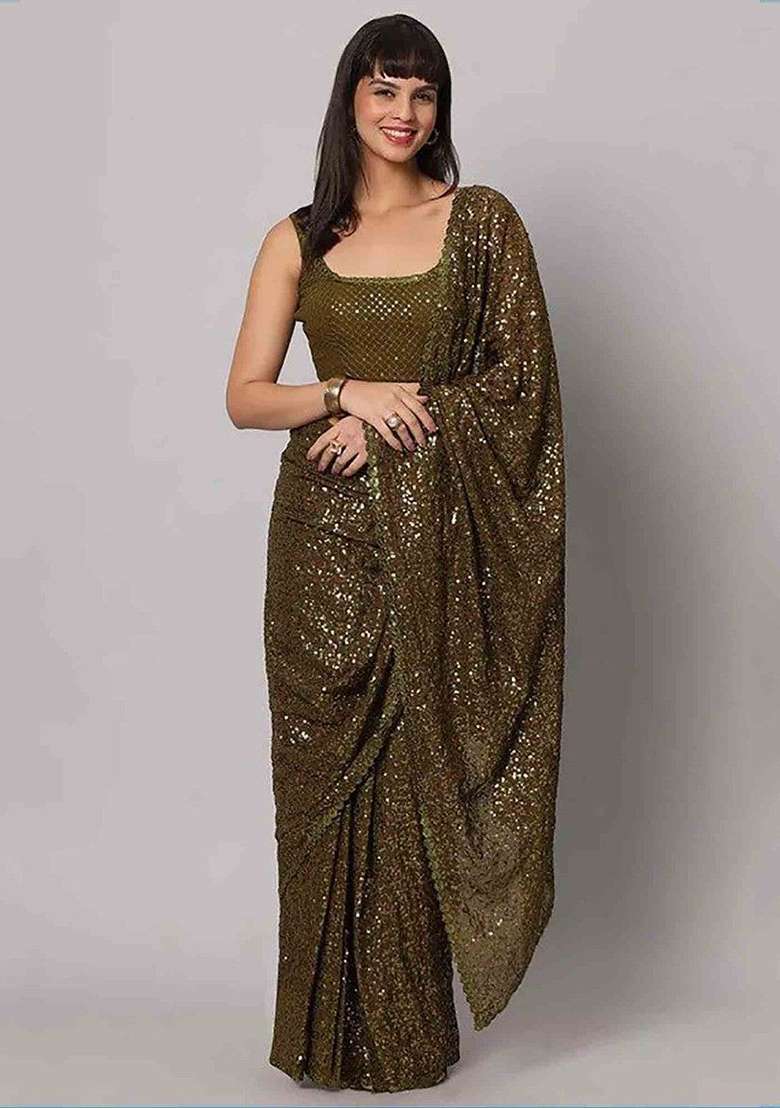 Green Sequin Embroidered Georgette Sarees for Diwali and Festive Wear - Indya