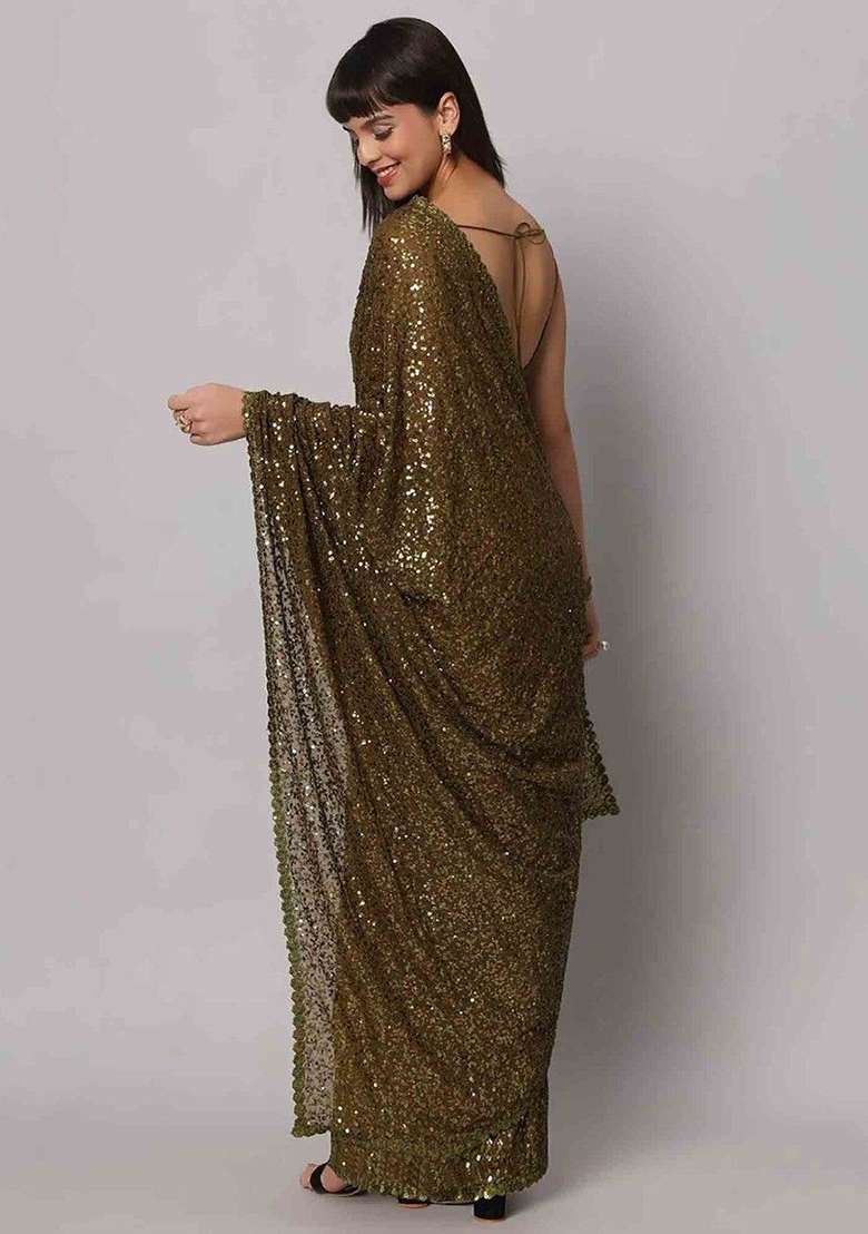 Green Sequin Embroidered Georgette Sarees for Diwali and Festive Wear - Indya