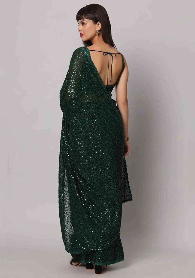 Green Sequin Embroidered Georgette Sarees for Diwali and Festive Wear - Indya