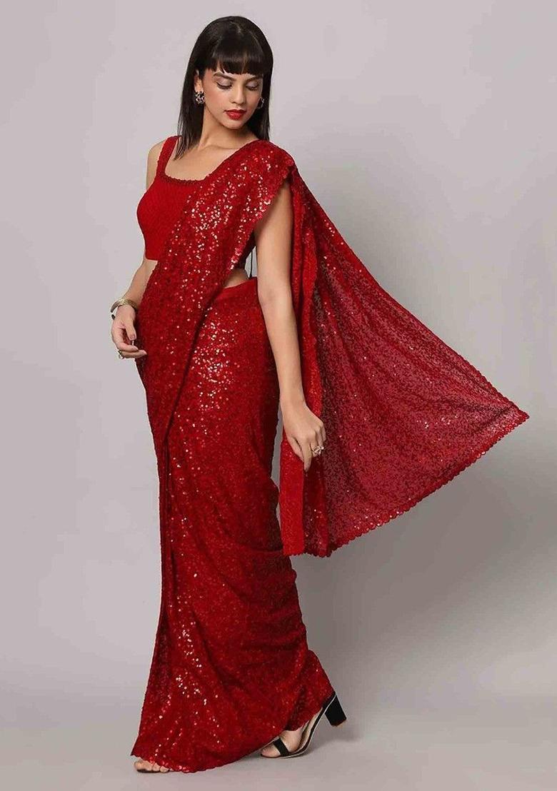Red Sequin Embroidered Georgette Sarees