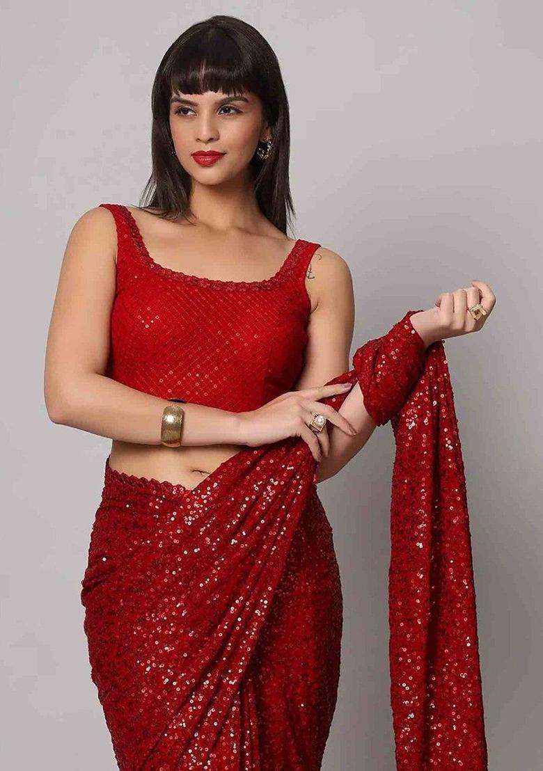 Red Sequin Embroidered Georgette Sarees