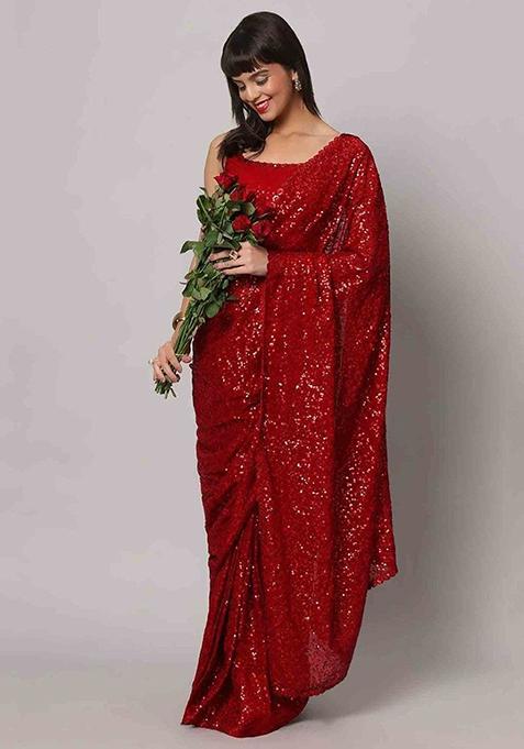 Red Sequin Embroidered Georgette Sarees