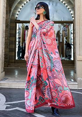 Peach Digital Print Satin Sarees