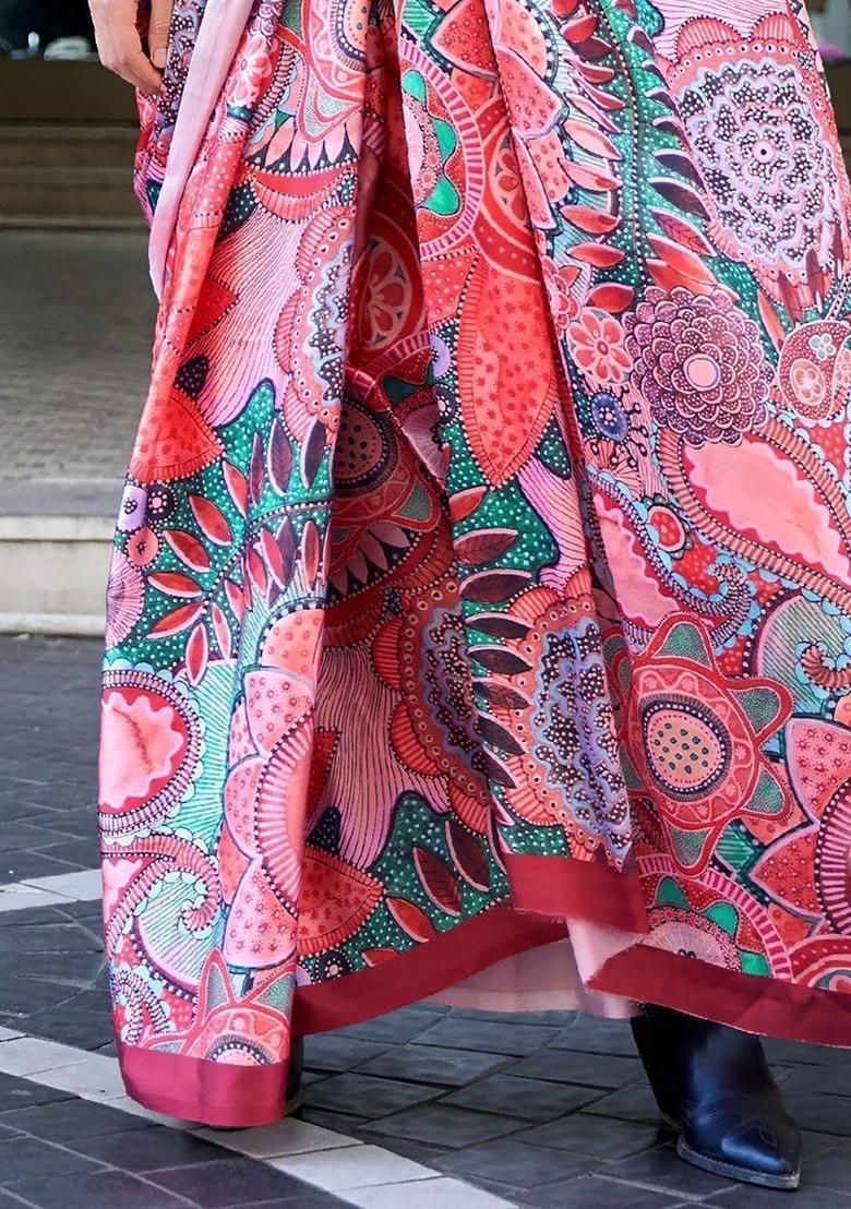 Peach Digital Print Satin Sarees