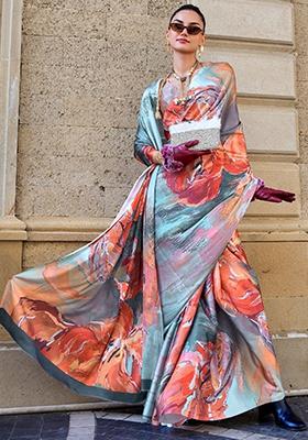 Multicolour Digital Print Satin Sarees