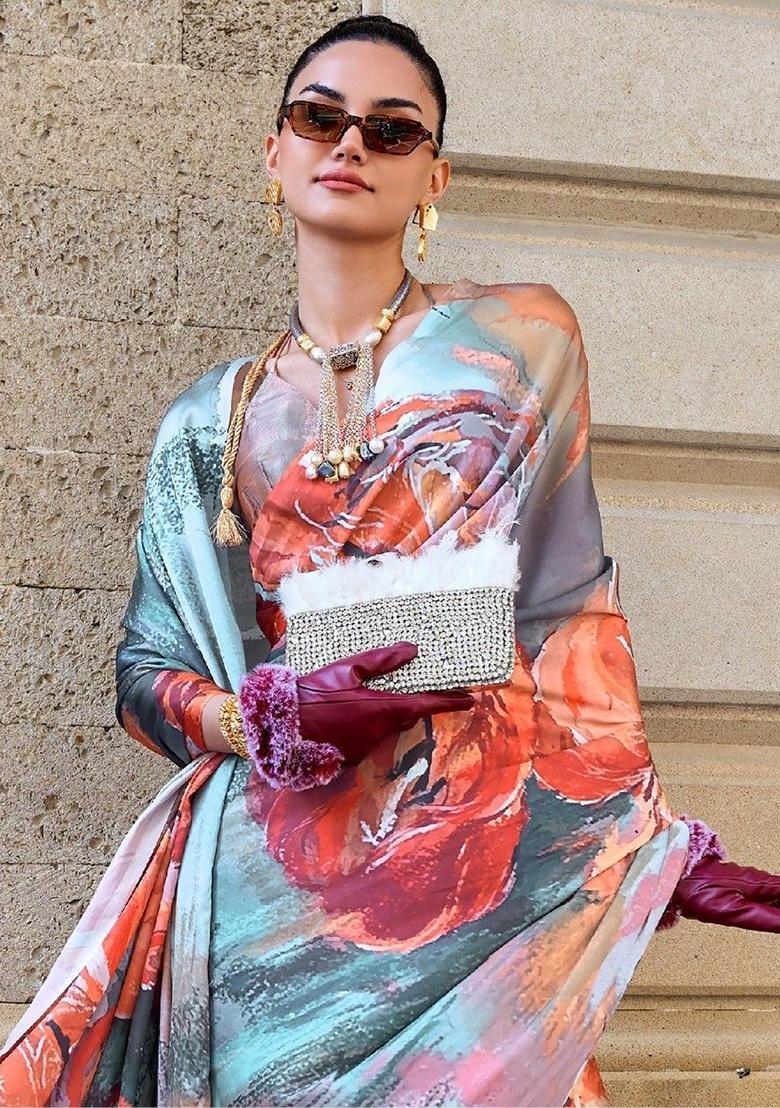 Multicolour Digital Print Satin Sarees