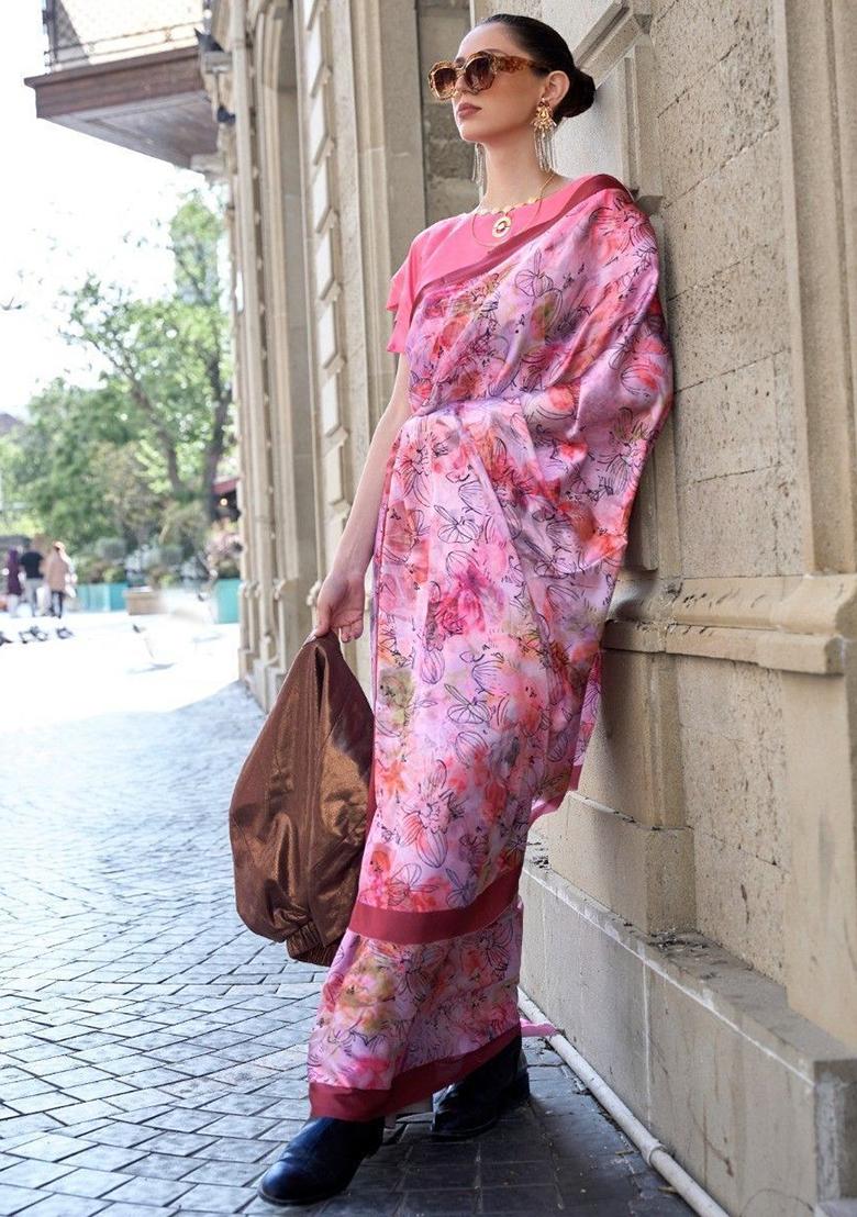 Lavender Digital Print Satin Sarees