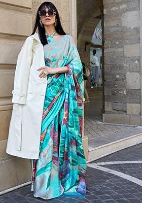 Sky Blue Digital Print Satin Sarees