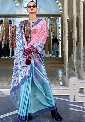 Sky Blue Digital Print Satin Sarees