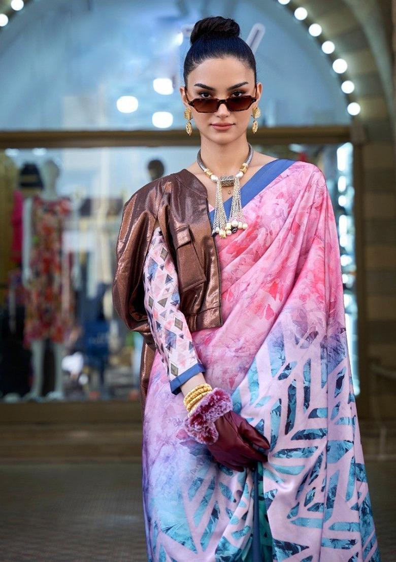 Sky Blue Digital Print Satin Sarees