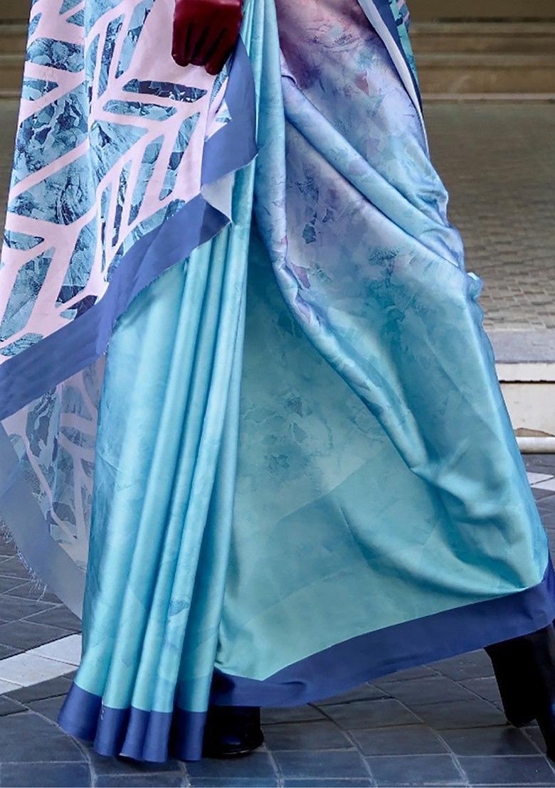 Sky Blue Digital Print Satin Sarees