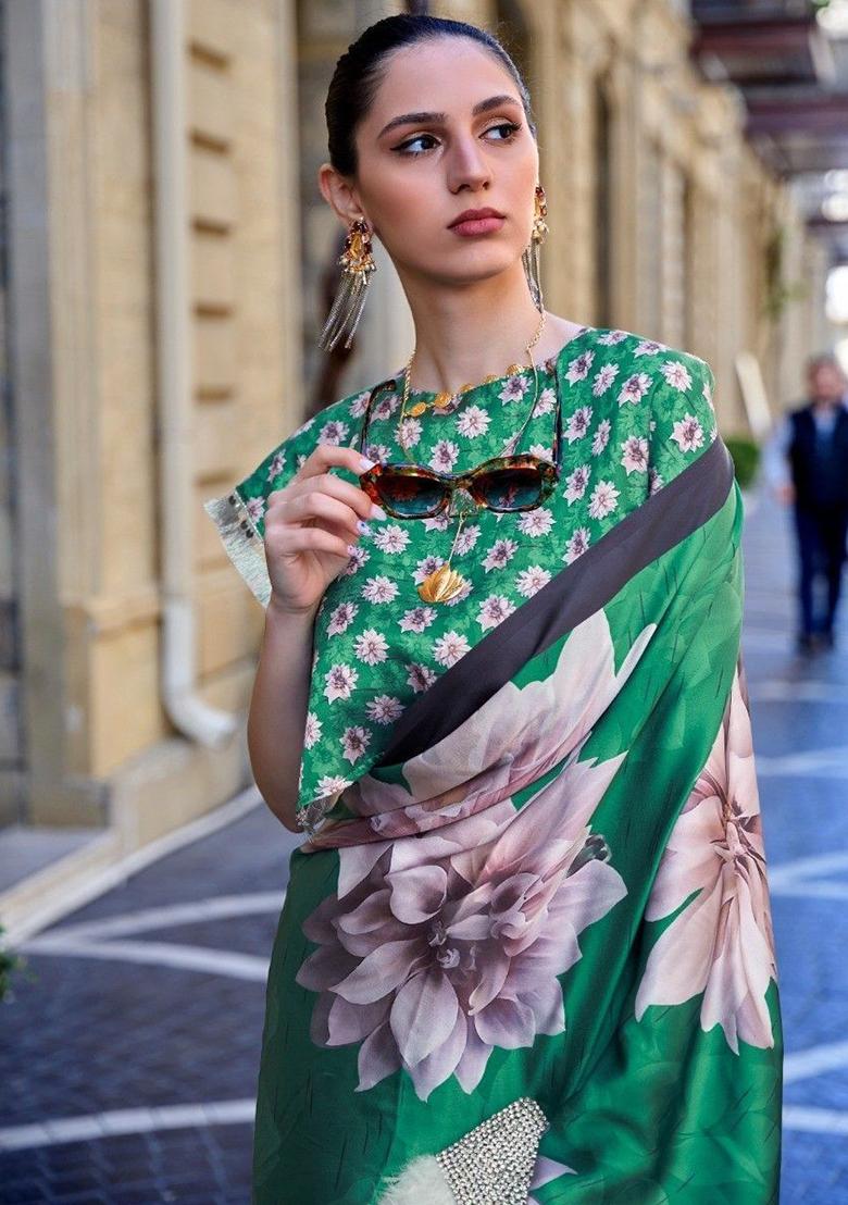 Green Floral Print Satin Sarees