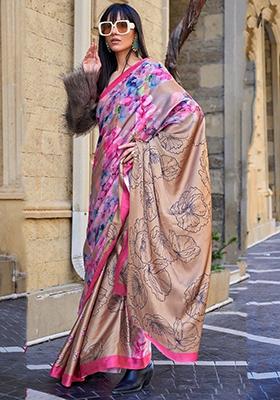 Brown Floral Print Satin Sarees
