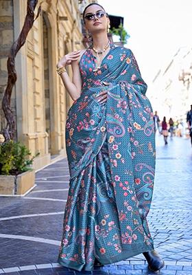 Blue Floral Print Satin Sarees