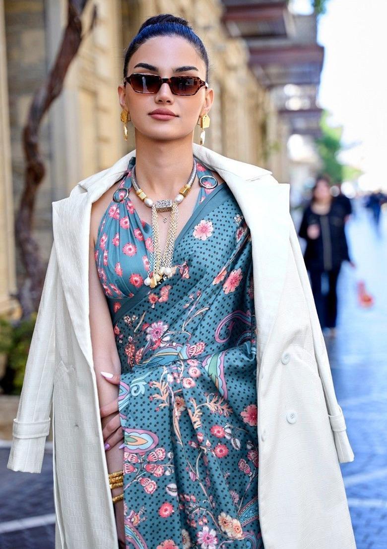 Blue Floral Print Satin Sarees