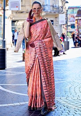 Orange Digital Print Satin Sarees