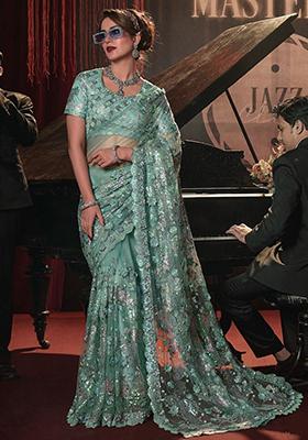 Green Sequin Embroidered Net Sarees