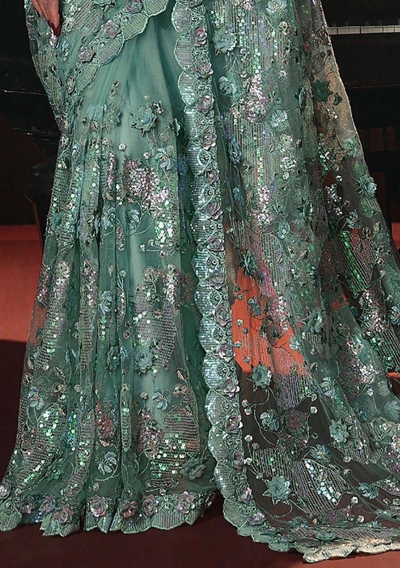 Green Sequin Embroidered Net Sarees