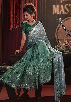Green Sequin Embroidered Net Sarees