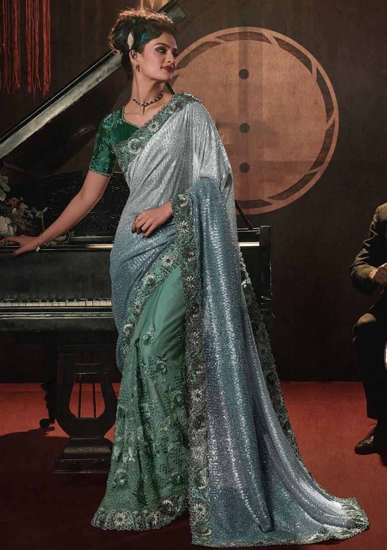 Green Sequin Embroidered Net Sarees