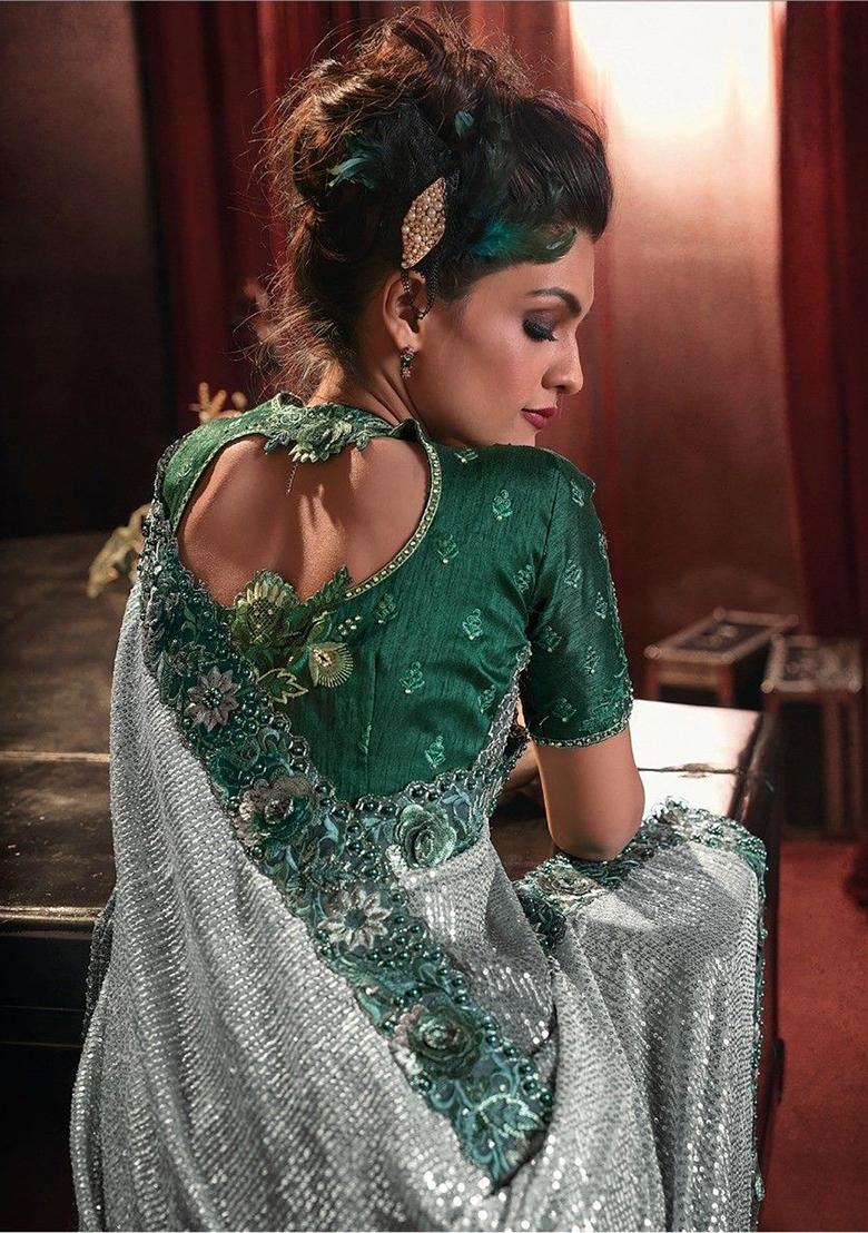 Green Sequin Embroidered Net Sarees