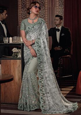 Green Sequin Embroidered Net Sarees