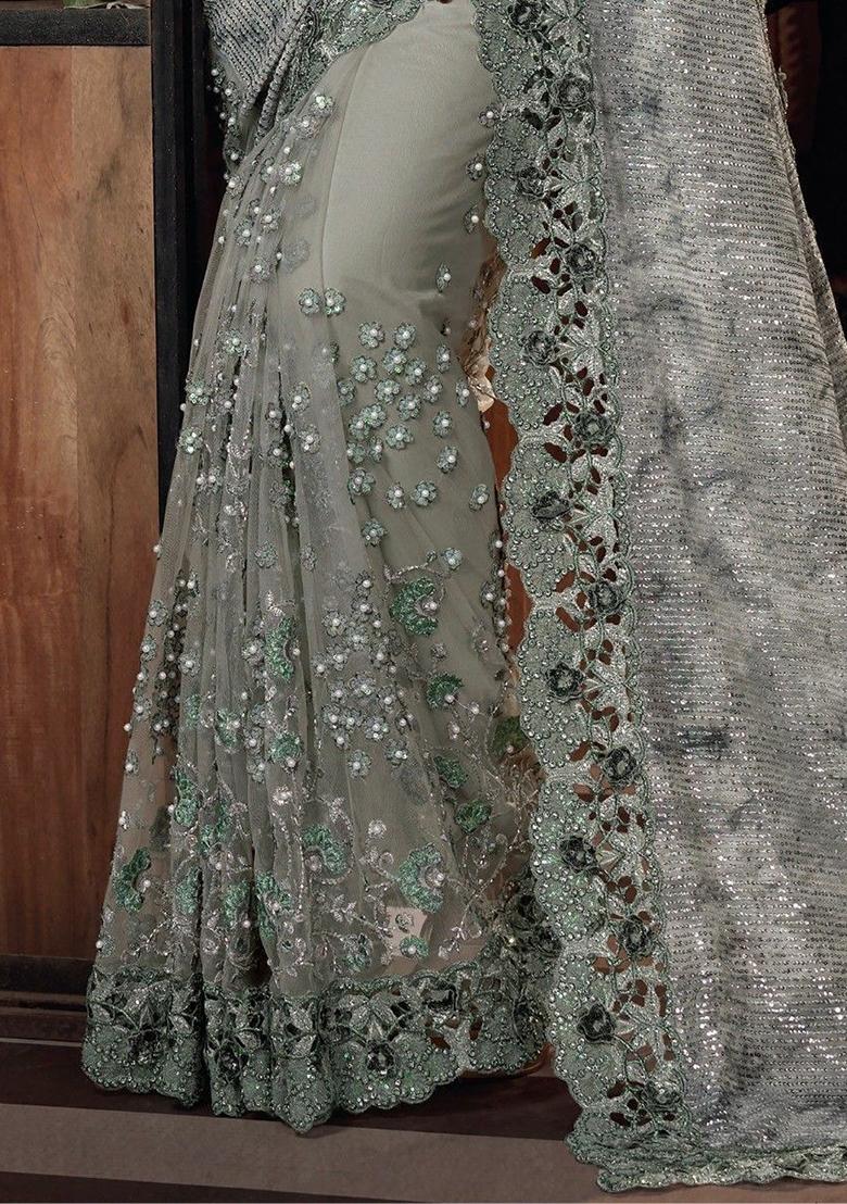 Green Sequin Embroidered Net Sarees