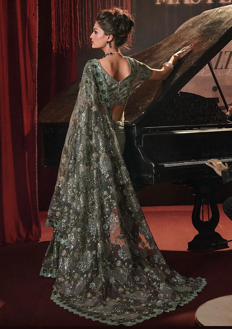 Green Sequin Embroidered Net Sarees