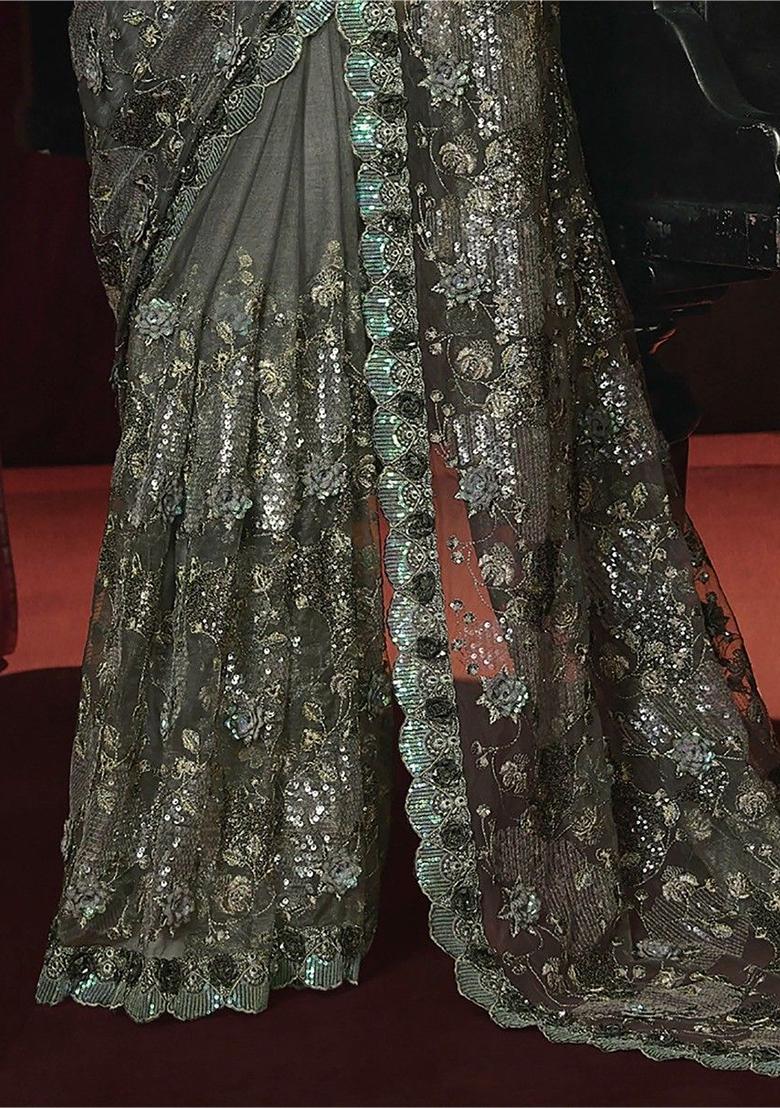 Green Sequin Embroidered Net Sarees