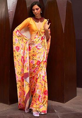 Yellow Floral Print Satin Sarees
