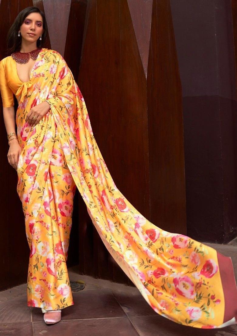 Yellow Floral Print Satin Sarees
