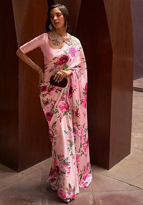 Pink Floral Print Satin Sarees