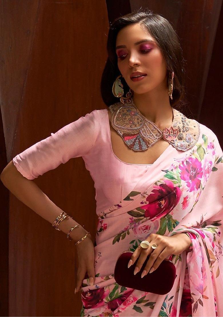 Pink Floral Print Satin Sarees