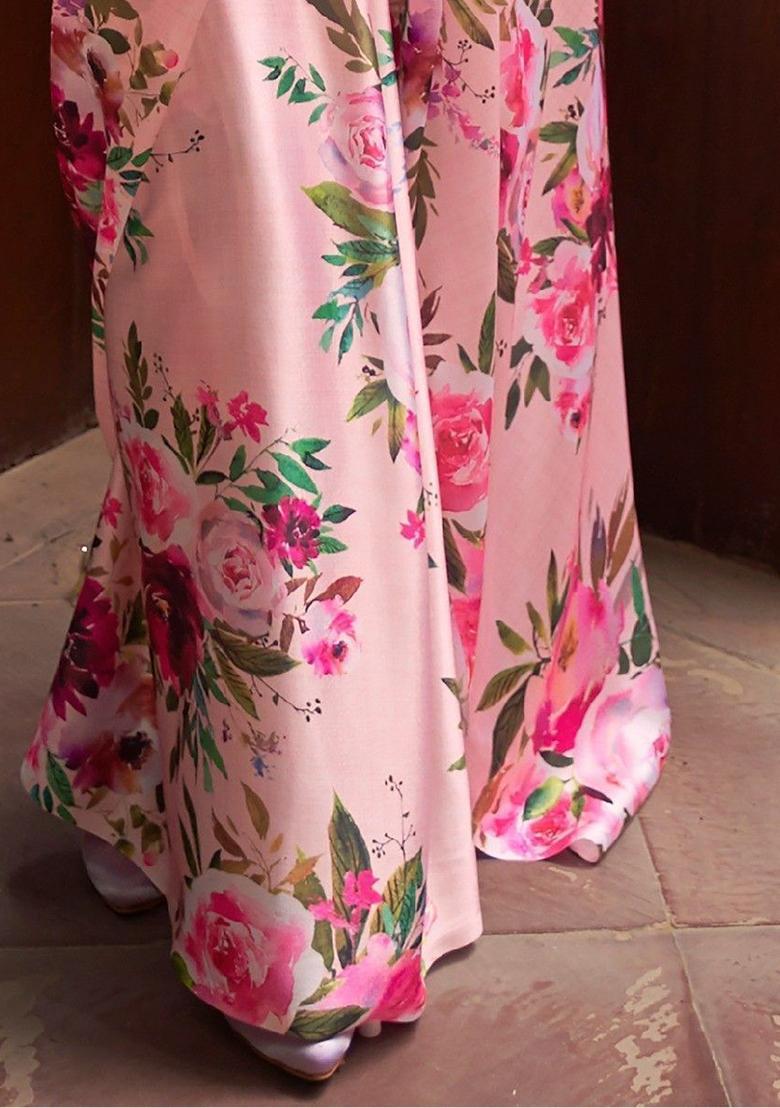 Pink Floral Print Satin Sarees