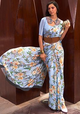 Sky Blue Floral Print Satin Sarees