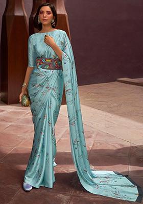 Sky Blue Floral Print Satin Sarees