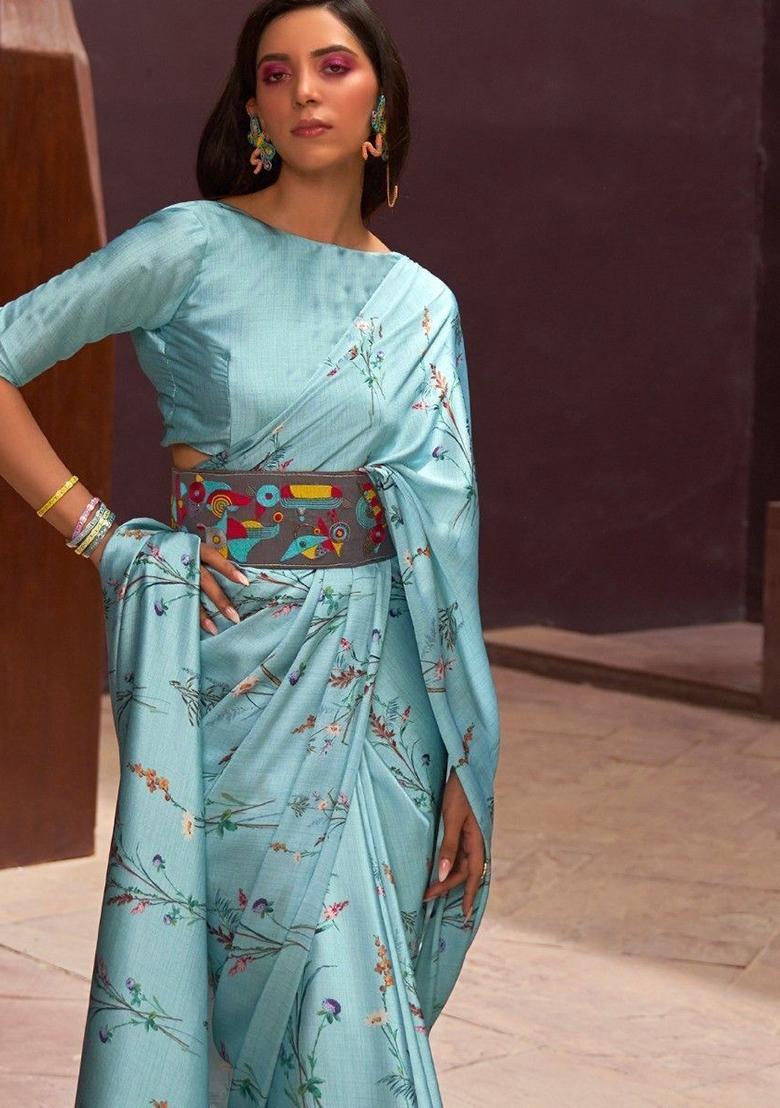 Sky Blue Floral Print Satin Sarees