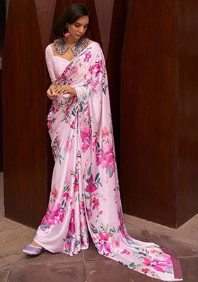Pink Floral Print Satin Sarees