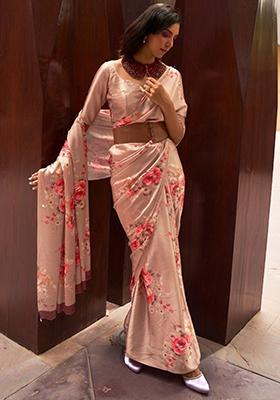 Peach Floral Print Satin Sarees