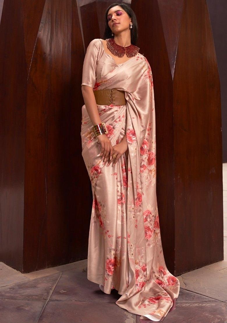 Peach Floral Print Satin Sarees