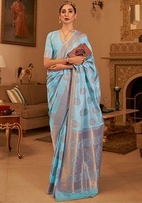 Sky Blue Zari Weaving Silk Sarees