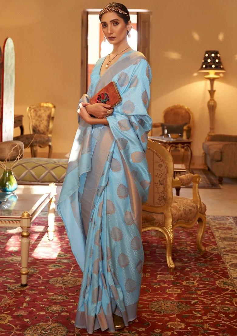 Sky Blue Zari Weaving Silk Sarees