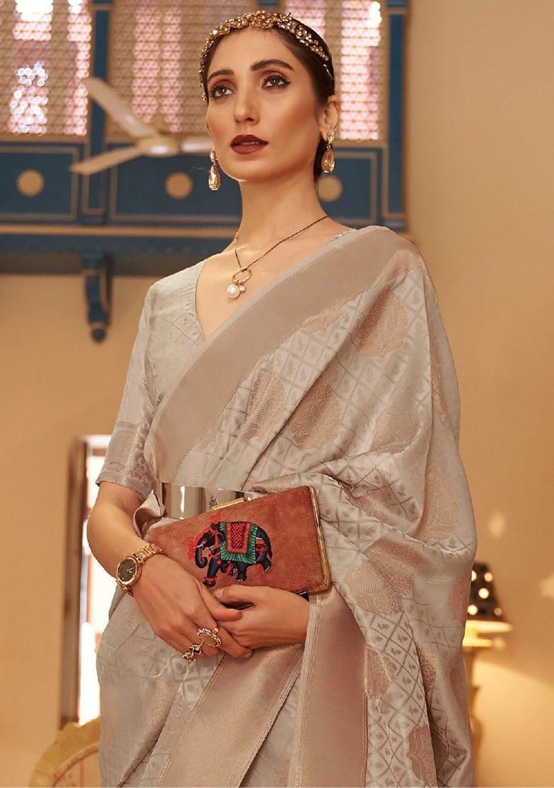 Grey Zari Weaving Silk Sarees